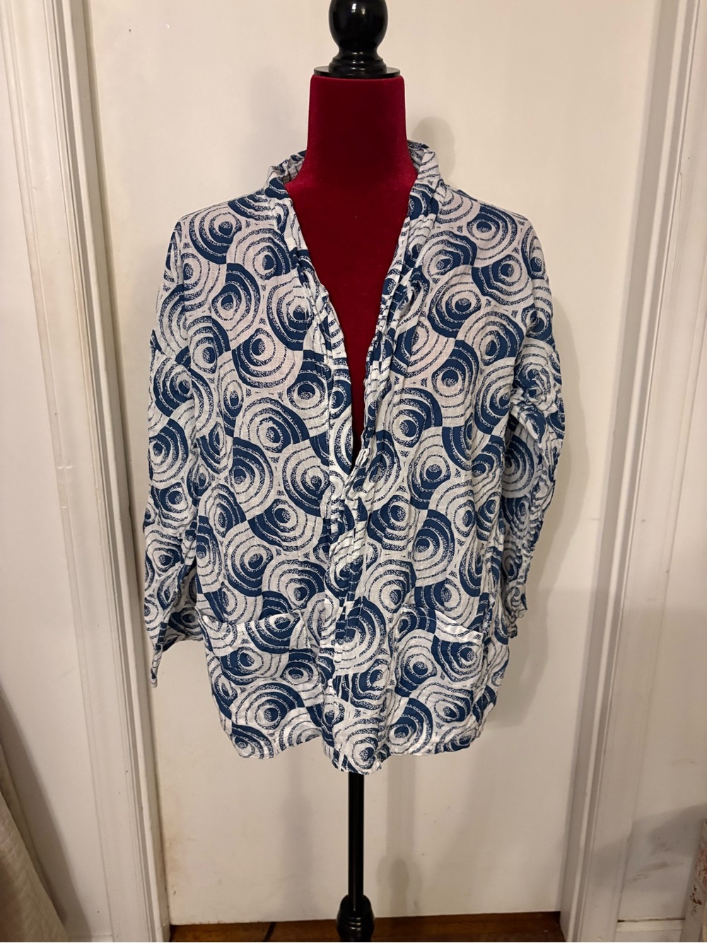 Blue and White Swirl Print Button-Up Shirt